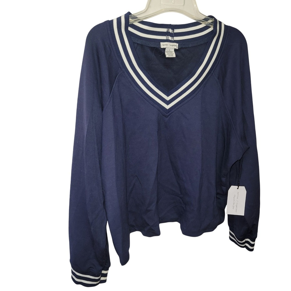 Better Together Knit Top Womens L Navy Striped V-Neck Modal Nautica Coastal‎